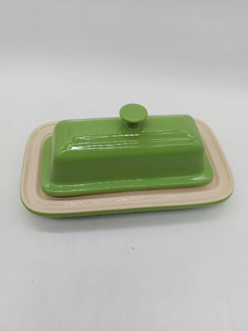 Le Creuset Butter Dish Stoneware Glazed Green Tan